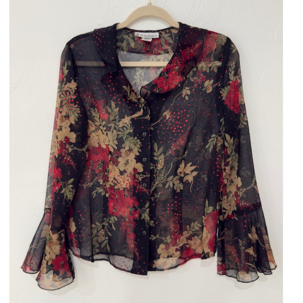 Dressbarn Vintage Sheer Floral Bell Sleeve Blouse Red Black Y2K Medium - Picture 2 of 8